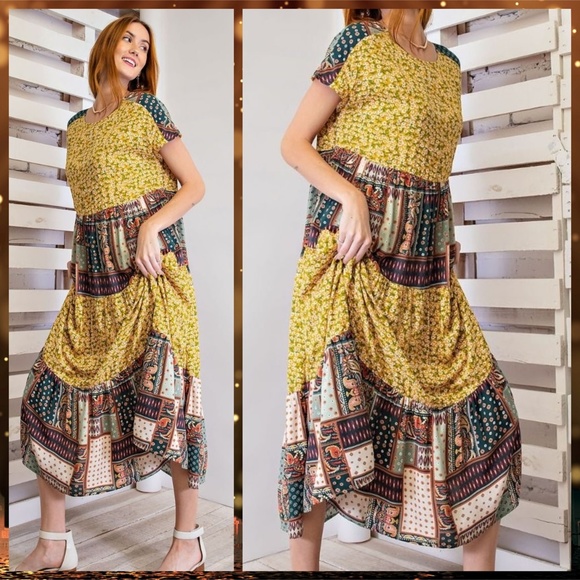 EASEL "Pretty Days" Cottagecore Mix Print Free Flow & Relaxed Pleated Maxi Dress - Picture 10 of 16